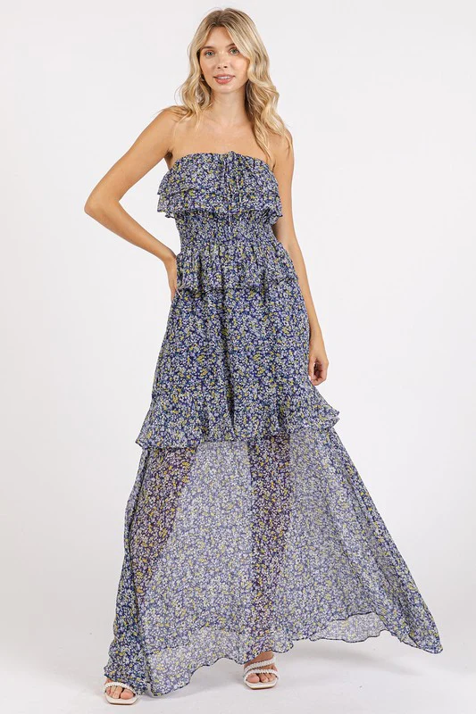Mittoshop Ruffled Smocked Floral Halter Neck Maxi Dress - Lositime