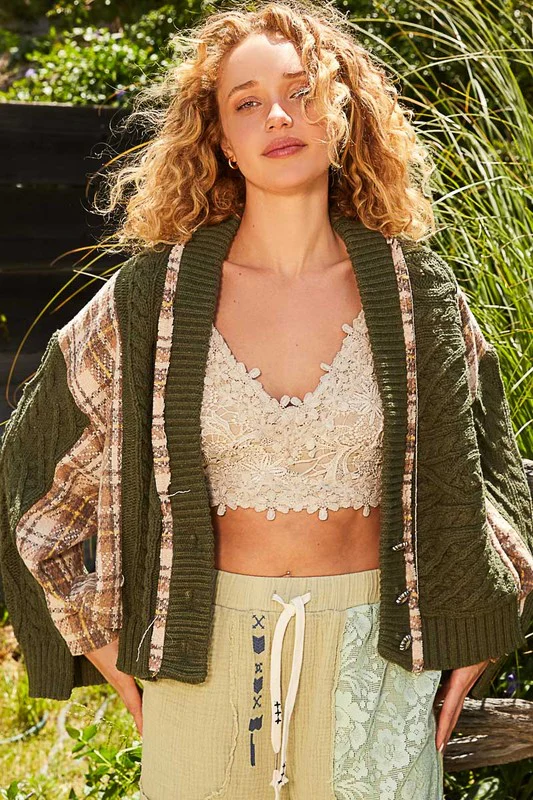 POL Cable-Knit Plaid V-Neck Button Up Cardigan - Lositime