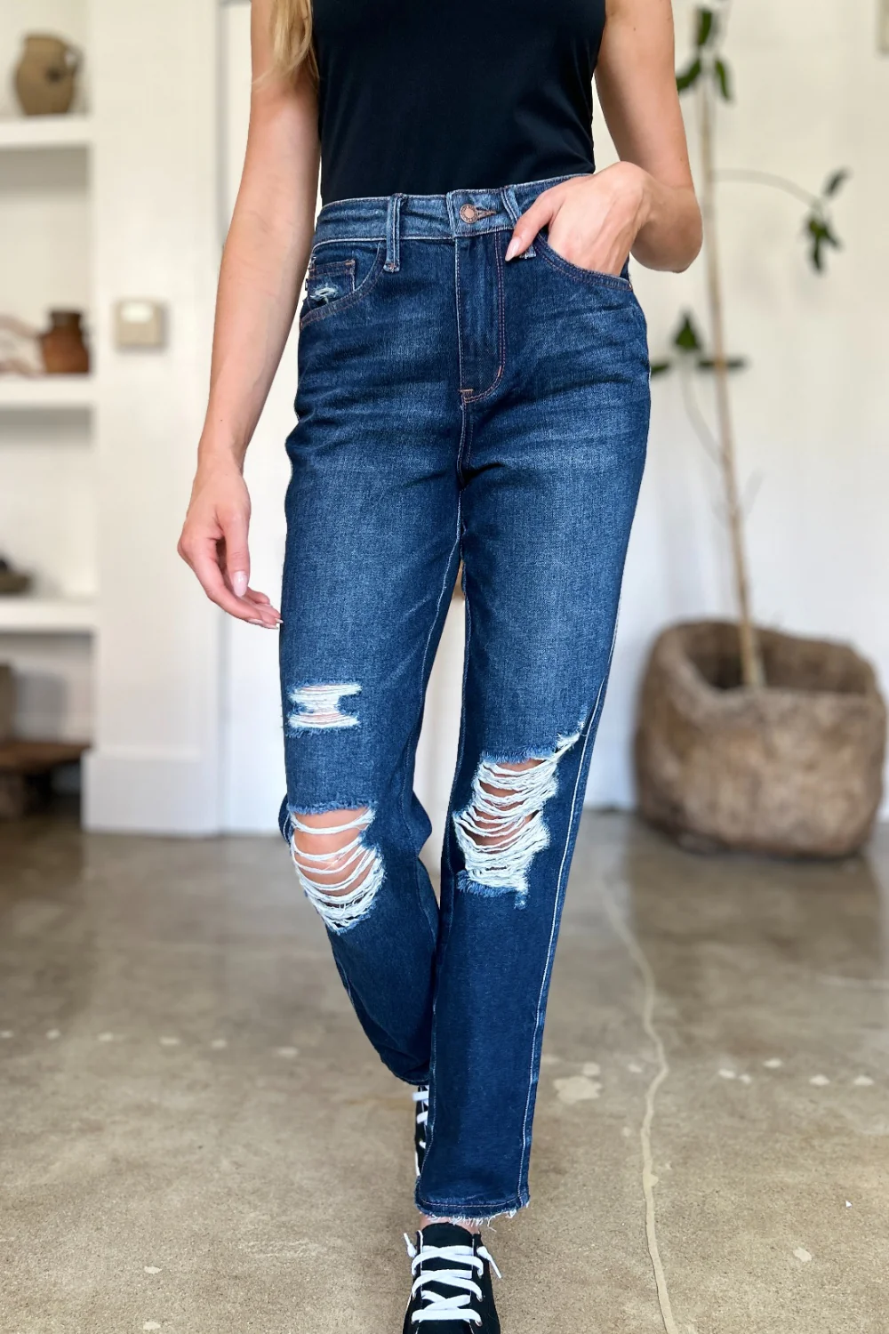 Judy Blue Full Size High Waist Rigid Magic Heavy Destroy Straight Jeans - Lositime