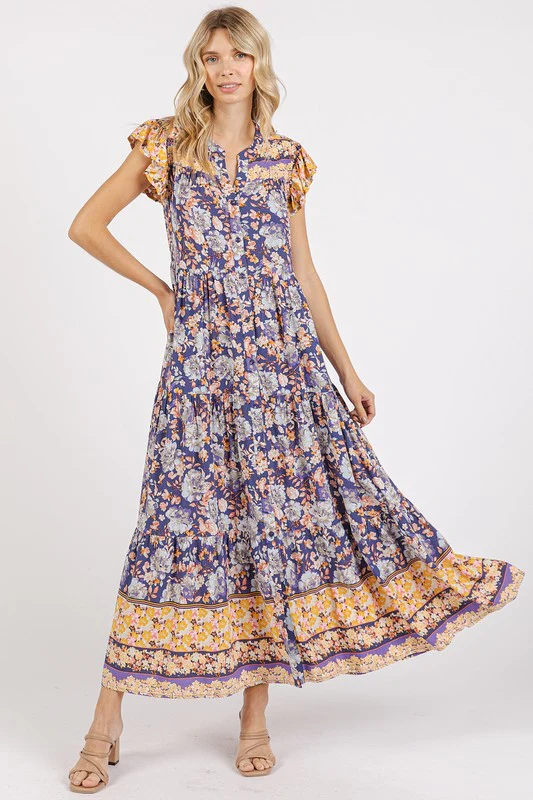 Mittoshop Floral Ruffled Notched Cap Sleeve Maxi Dress - Lositime