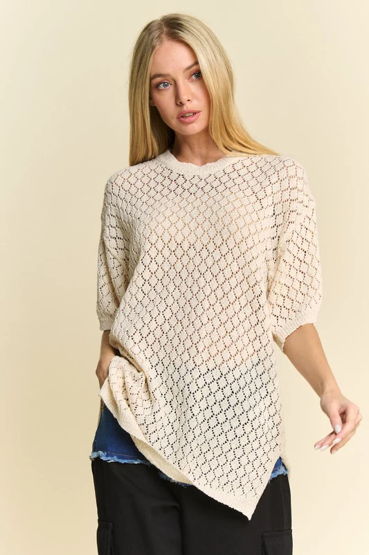 Davi & Dani Side Slit Openwork Round Neck Half Sleeve Knit Cover Up - Lositime