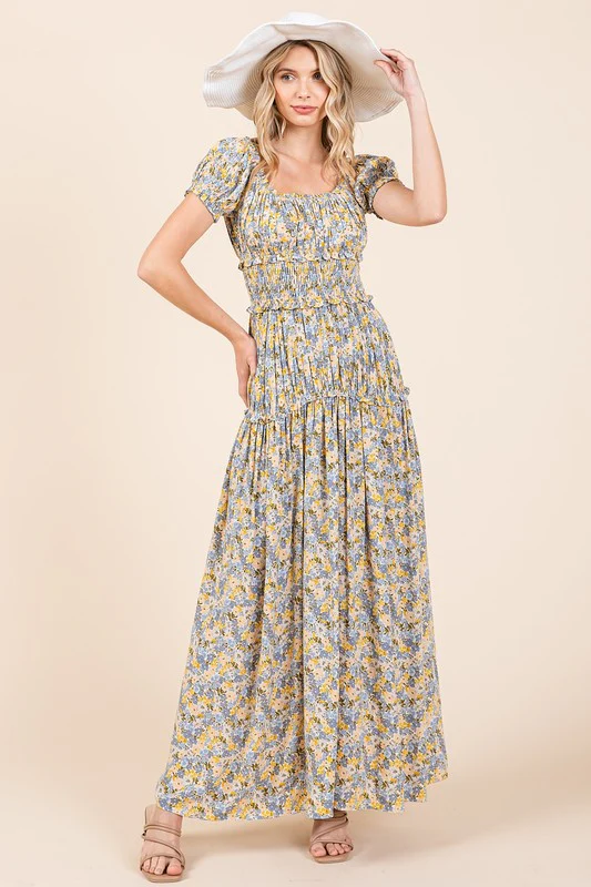 Mittoshop Flower Print Puff Sleeve Gathered Maxi Dress - Lositime