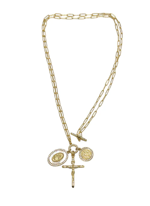 2 Way Cross, St. Benedict, and Pearl Toggle Necklace - Lositime