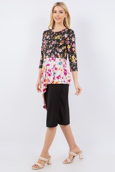 Celeste Full Size Floral Asymmetrical Hemline Round Neck Top Plus Size - Lositime