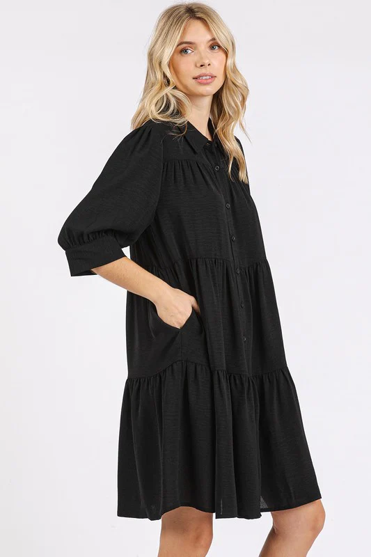 Mittoshop Button Detail Collared Neck Tiered Shirt Dress - Lositime