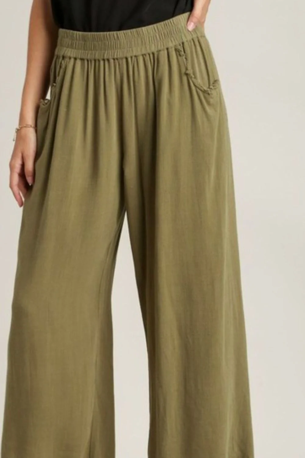 Umgee Full Size Linen Blend Elastic Waistband Wide Leg Pants Plus Size - Lositime