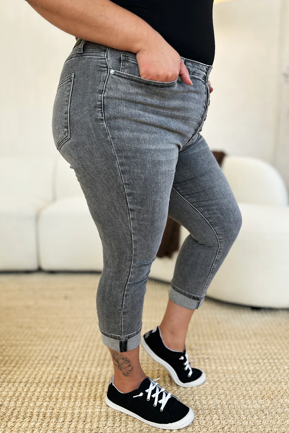 Judy Blue Full Size Button Fly High Waist Cuffed Capris - Lositime