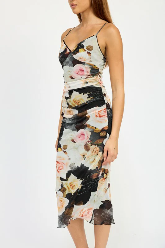 RUCHED MIDI V NECK DRESS - Lositime