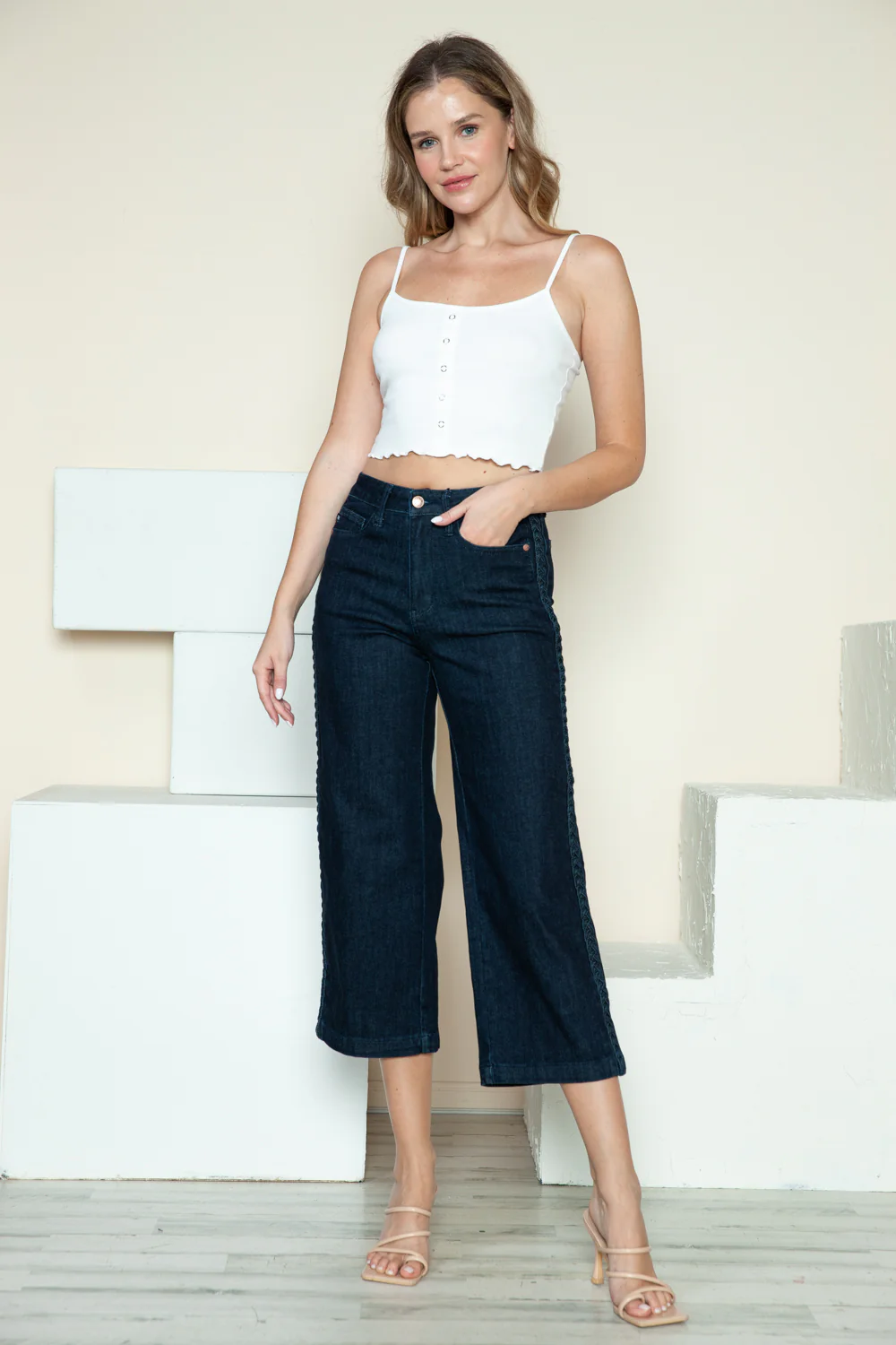 Judy Blue Full Size Side Seam Braid Detail Crop Wide Leg Jeans - Lositime