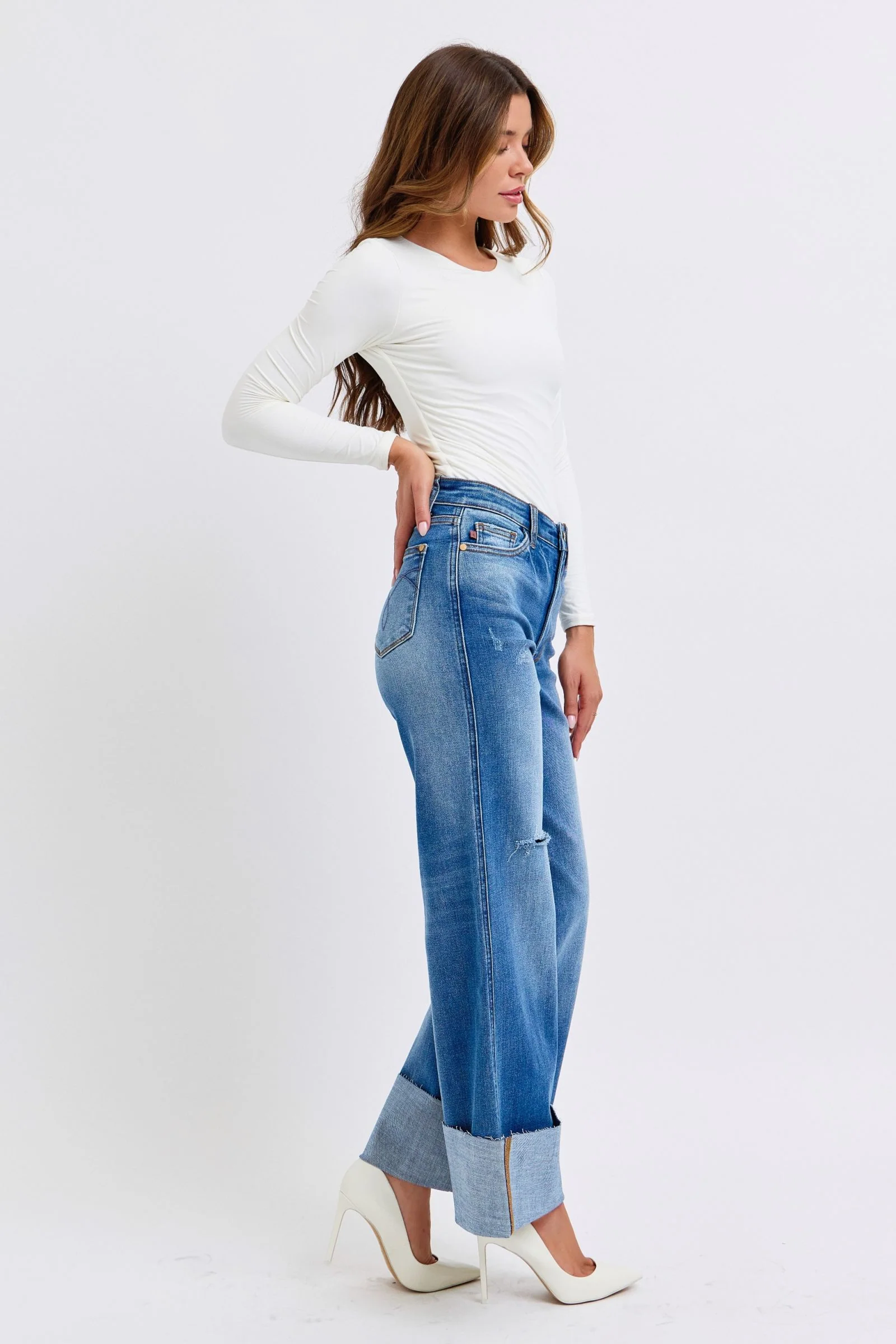 Judy Blue Full Size Distressed High Waist Wide Leg Jeans - Lositime