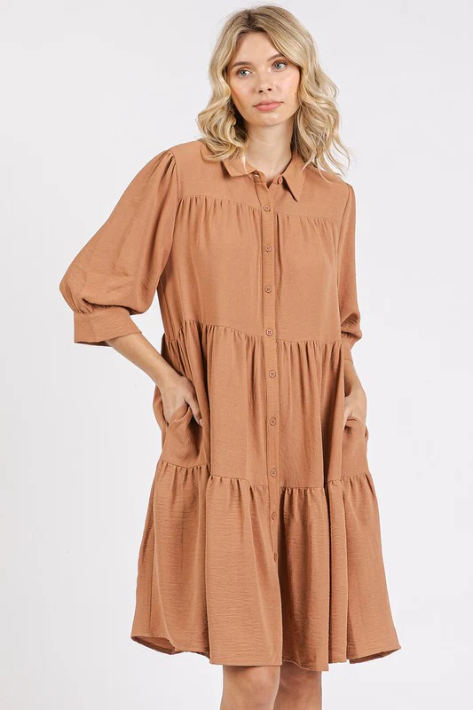 Mittoshop Button Detail Collared Neck Tiered Shirt Dress - Lositime