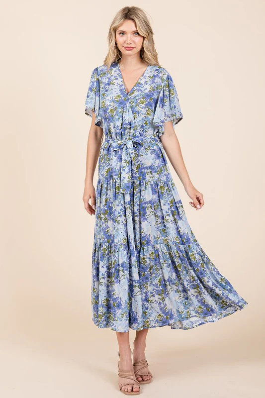 Mittoshop Floral Tie Waist Flutter Sleeve Tiered Dress - Lositime