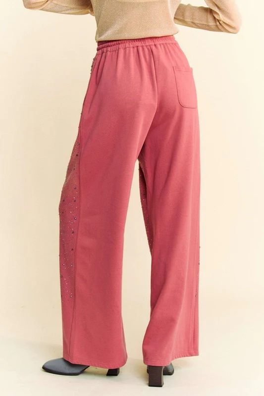 Davi & Dani Rhinestone Drawstring Wide Leg Pants - Lositime
