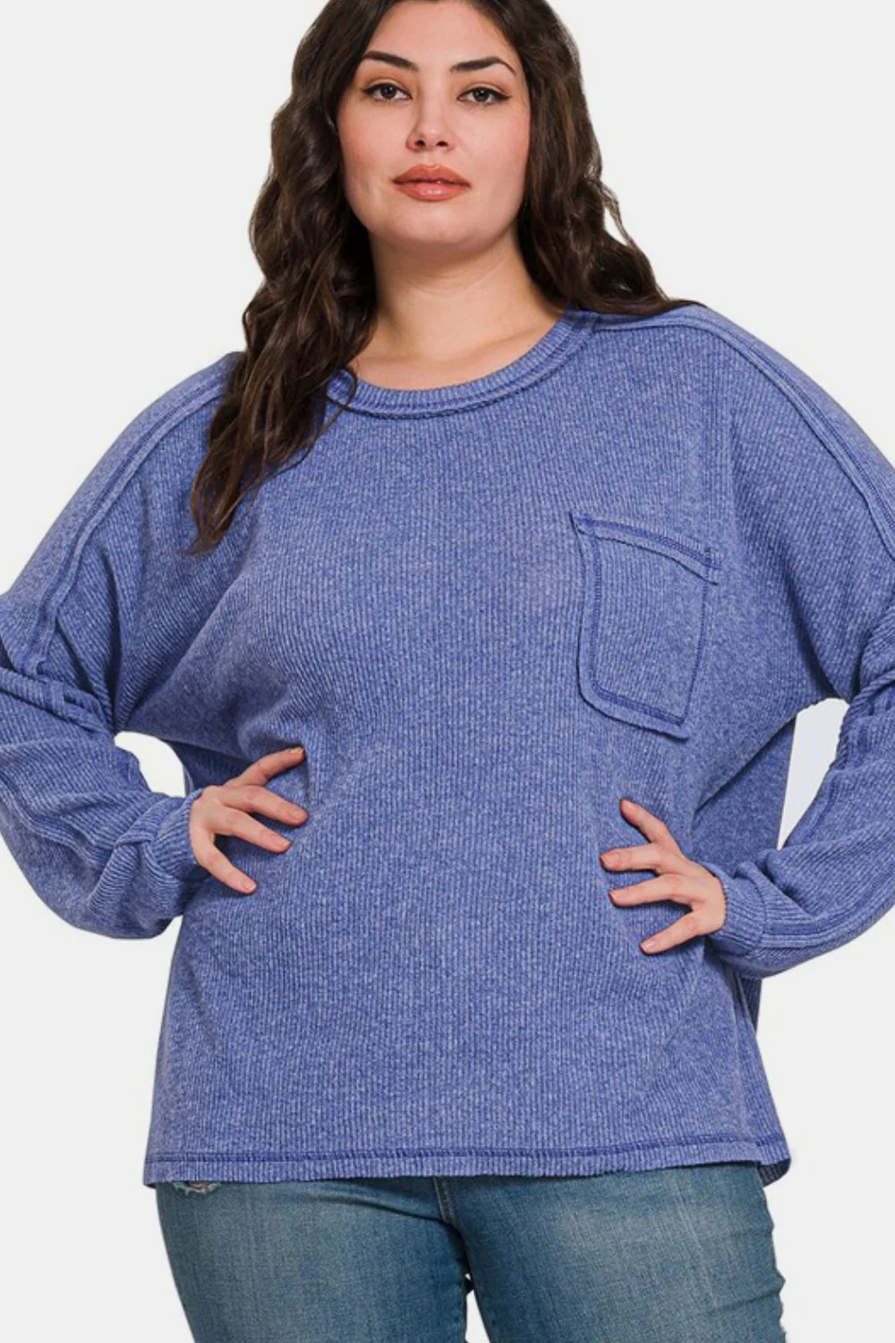 Zenana Full Size Contrast Stitching Brushed Ribbed Hacci Knit Top - Lositime