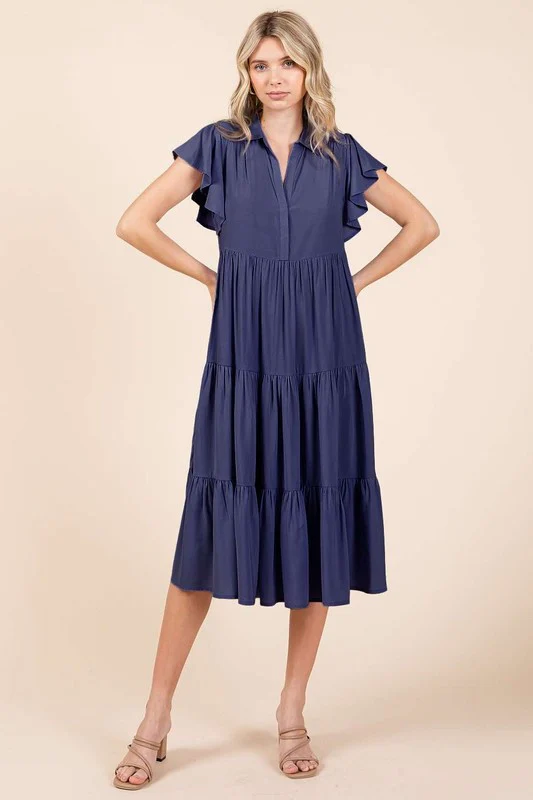 Mittoshop Ruffle Sleeve Collared V Neck Tiered Midi Dress - Lositime