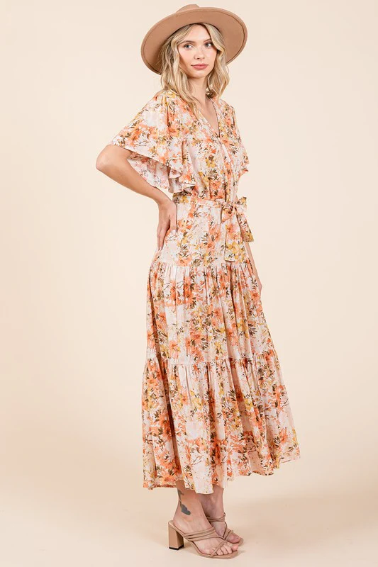 Mittoshop Floral Tie Waist Flutter Sleeve Tiered Dress - Lositime