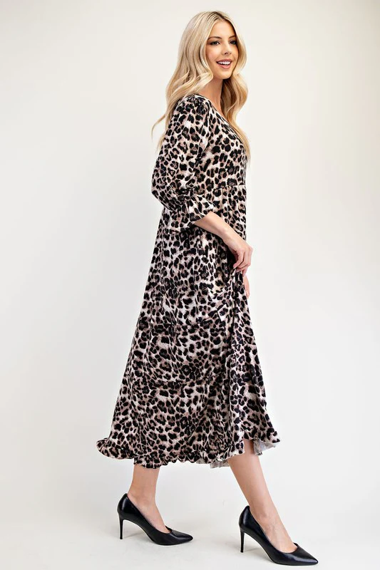 Celeste Full Size Leopard Round Neck Flounce Sleeve Dress - Lositime