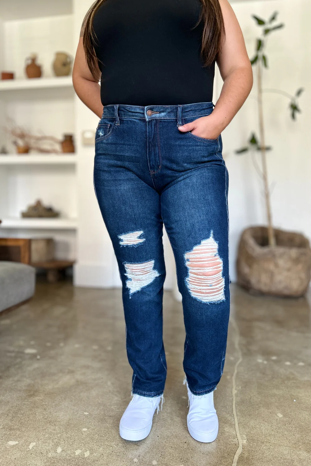 Judy Blue Full Size High Waist Rigid Magic Heavy Destroy Straight Jeans - Lositime