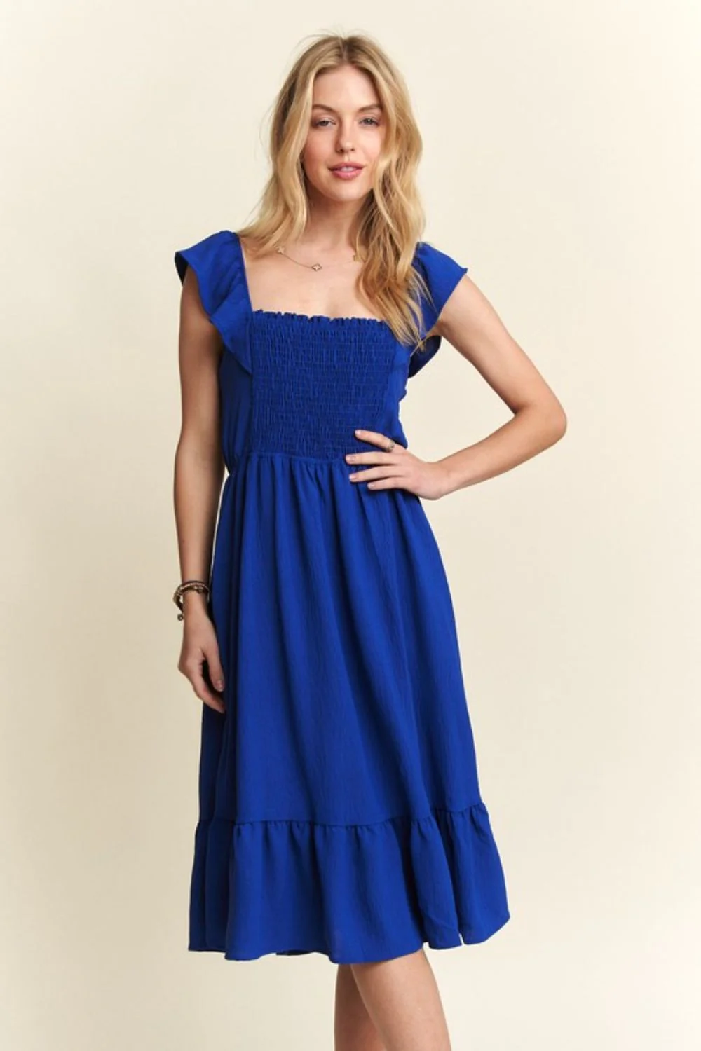ADORA Smocked Square Neck Ruffled Cap Sleeve Dress - Lositime