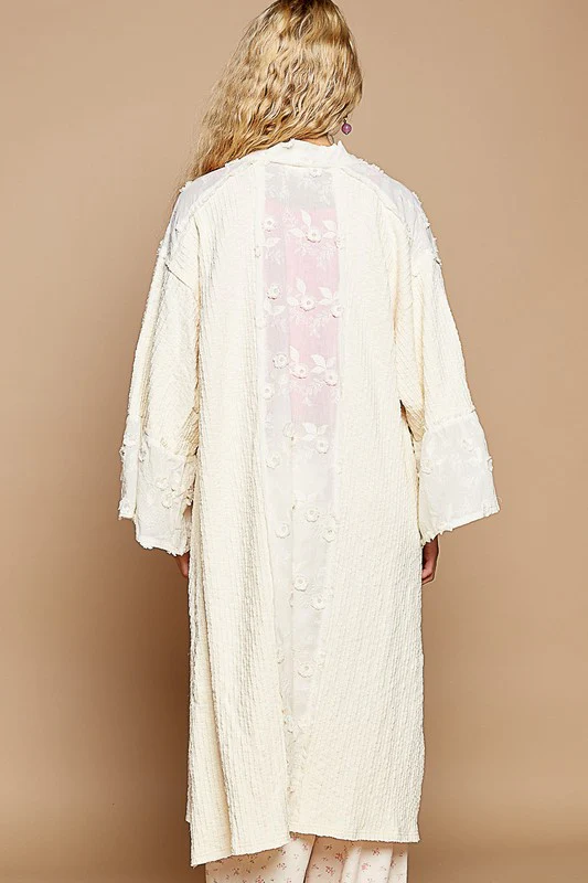 POL Flower Lace Trim Open Front Longline Cardigan - Lositime