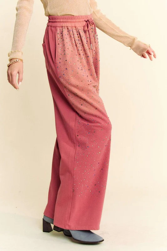 Davi & Dani Rhinestone Drawstring Wide Leg Pants - Lositime