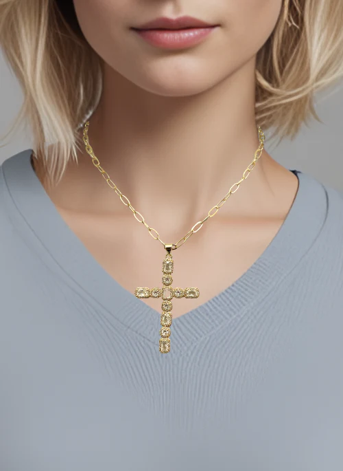 CZ Faceted Cross Necklaces Gold - Lositime