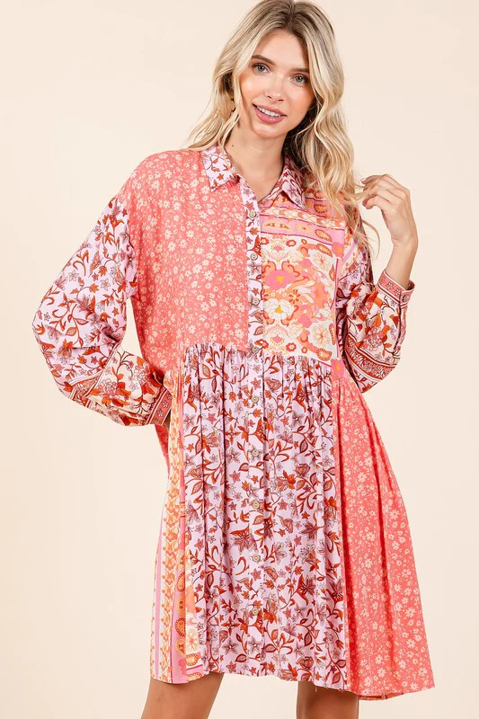 Mittoshop Floral Button Detail Long Sleeve Shirt Dress - Lositime