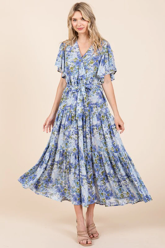 Mittoshop Floral Tie Waist Flutter Sleeve Tiered Dress - Lositime