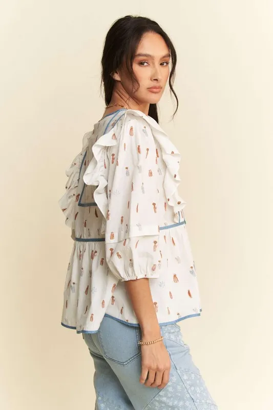 Davi & Dani Cactus Conversational Denim Binding Bodice Blouse - Lositime