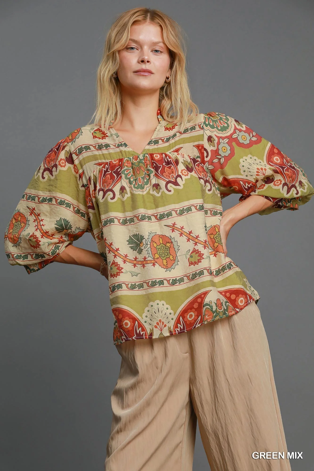 Umgee Full Size Border Print Notched 3/4 Puff Sleeve Blouse Plus Size - Lositime