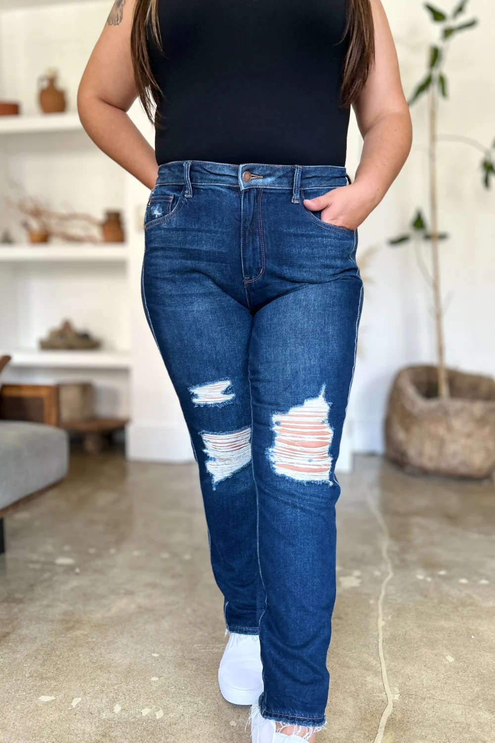 Judy Blue Full Size High Waist Rigid Magic Heavy Destroy Straight Jeans - Lositime