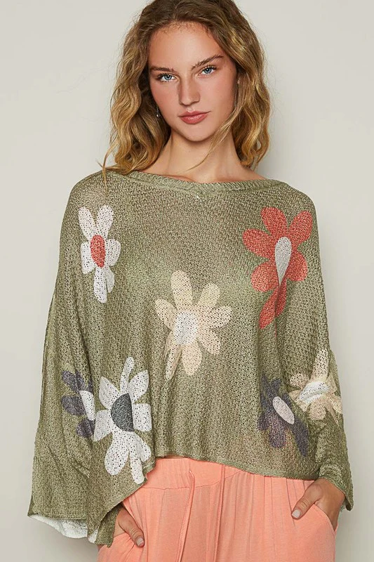 POL Flower Dropped Shoulder Long Sleeve Knit Top - Lositime