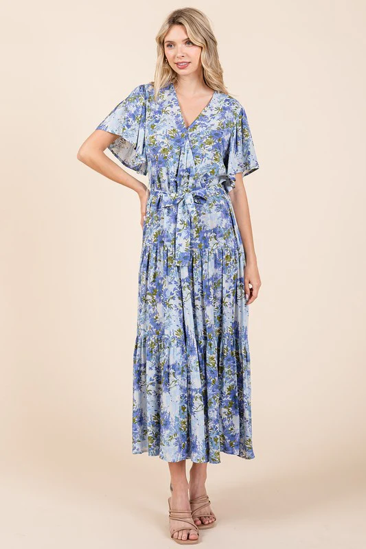 Mittoshop Floral Tie Waist Flutter Sleeve Tiered Dress - Lositime