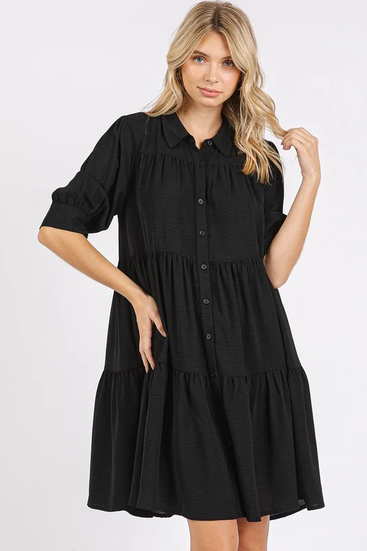 Mittoshop Button Detail Collared Neck Tiered Shirt Dress - Lositime